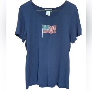 Rebecca Malone USA Flag Rhinestone Tee Navy Cotton Size L